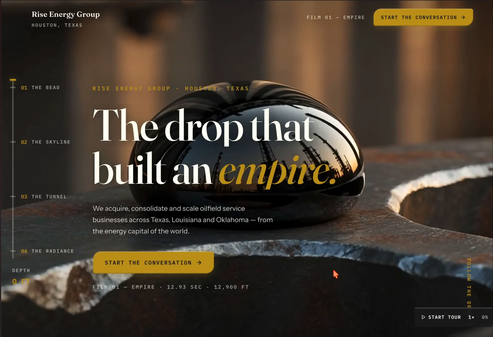 The reflective oil droplet in Rise Energy's cinematic website